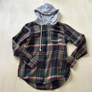 BKE Flannel Shirt Womens Small Green Plaid Hooded Full Zip Long Sleeve Top
